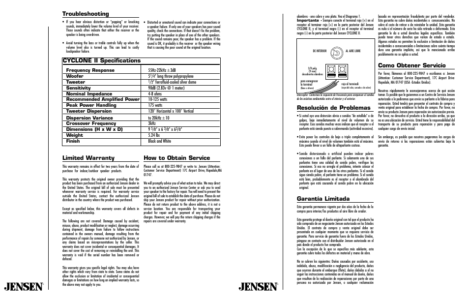 Resolución de problemas, Garantía limitada, Como obtener servicio | Troubleshooting, Limited warranty, How to obtain service, Cyclone ii specifications | Jensen Multi-Purpose Speakers CYCLONE II User Manual | Page 2 / 4
