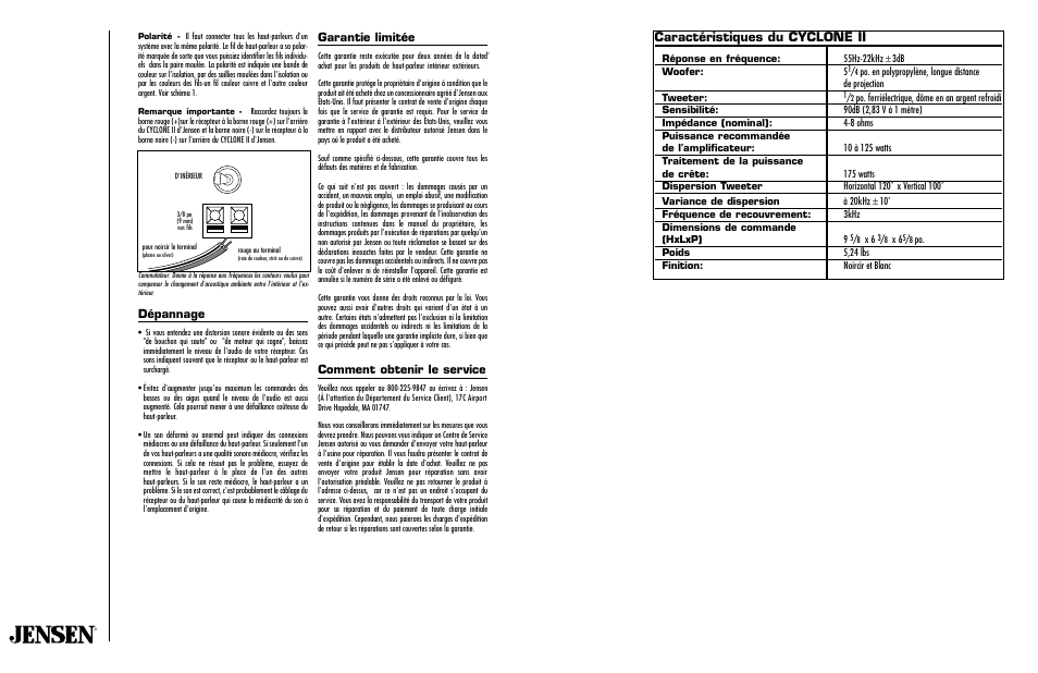 Caractéristiques du cyclone ii, Dépannage, Garantie limitée | Comment obtenir le service | Jensen Multi-Purpose Speakers CYCLONE II User Manual | Page 3 / 4