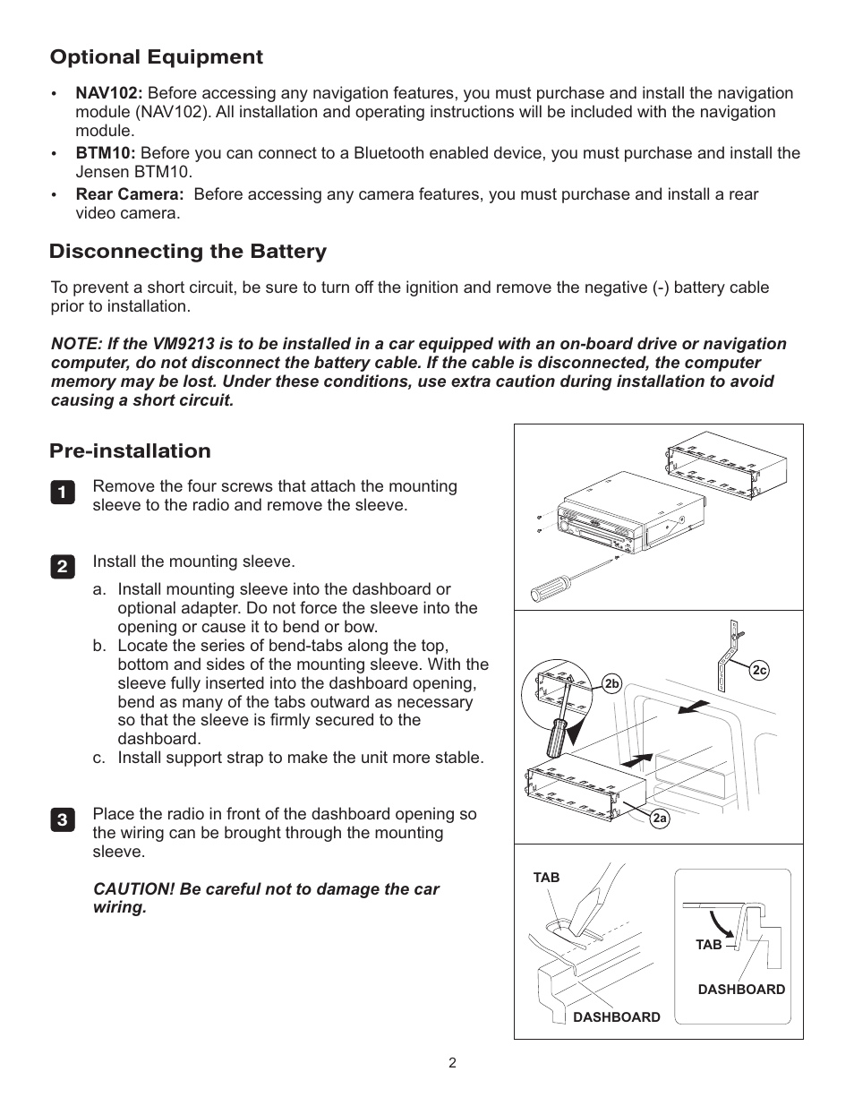 Optional equipment disconnecting the battery, Pre-installation | Jensen VM9213 User Manual | Page 2 / 12