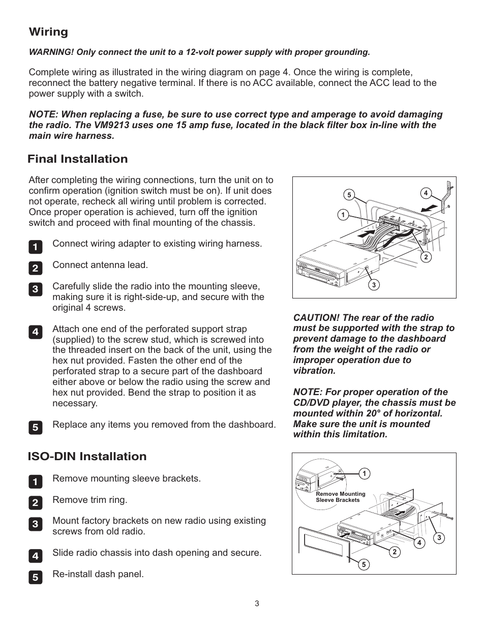 Iso-din installation, Wiring, Final installation | Jensen VM9213 User Manual | Page 3 / 12