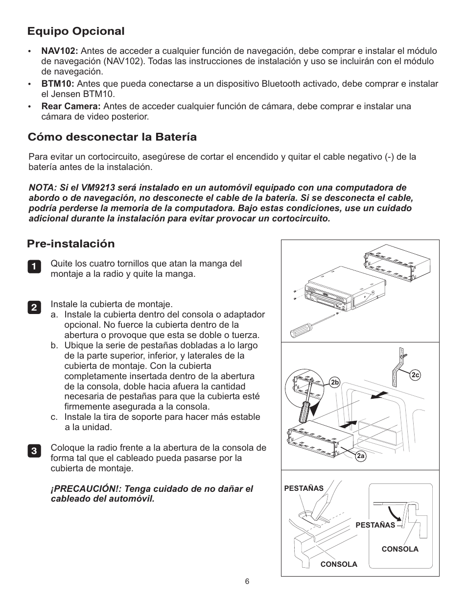 Equipo opcional cómo desconectar la batería, Pre-instalación | Jensen VM9213 User Manual | Page 6 / 12