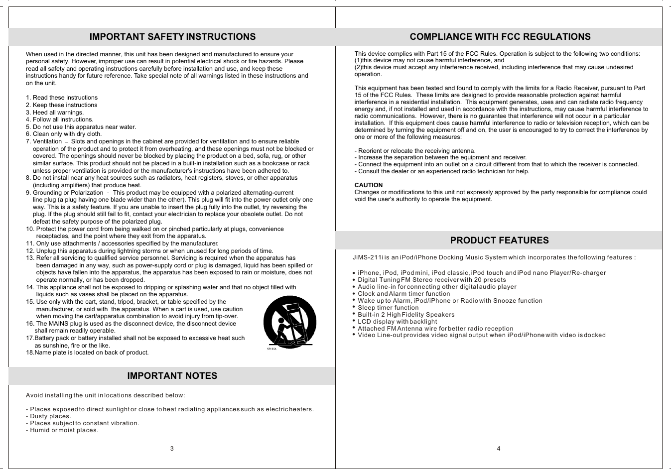 Important safety instructions, Compliance with fcc regulations, Product features | Jensen JiMS-211i User Manual | Page 3 / 9