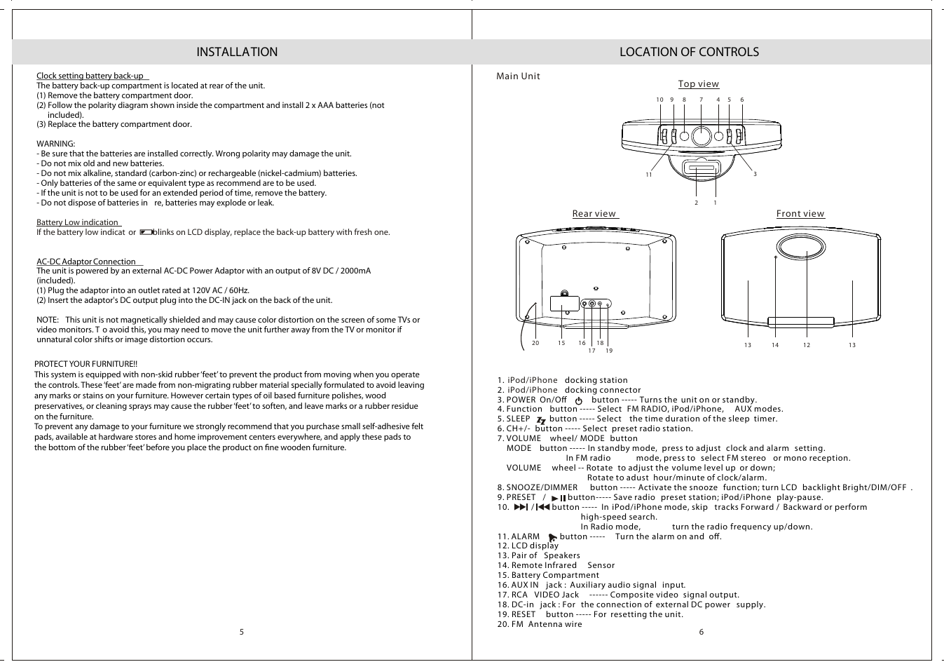 Installation, Location of controls | Jensen JiMS-211i User Manual | Page 4 / 9