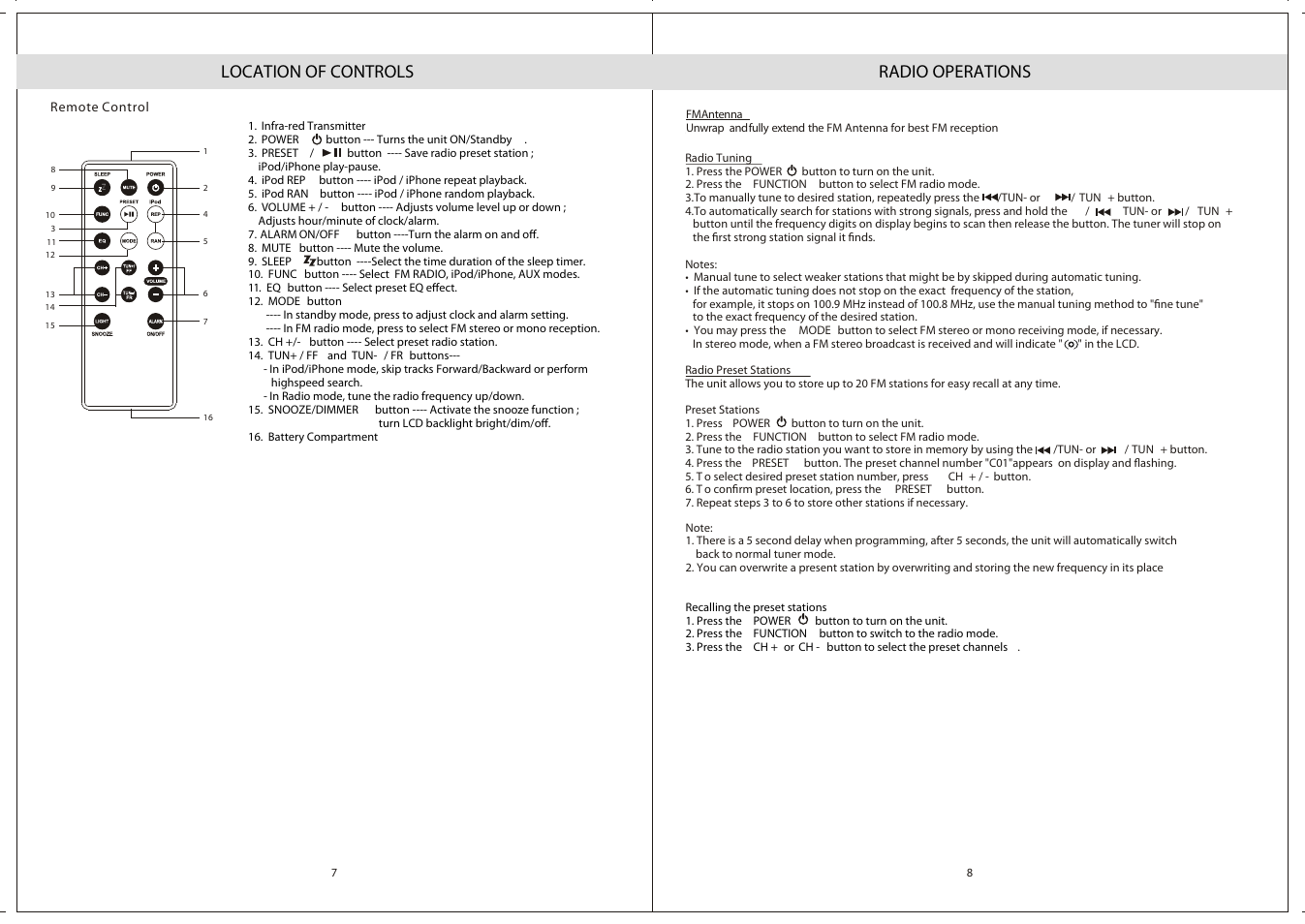 Location of controls, Radio operations | Jensen JiMS-211i User Manual | Page 5 / 9