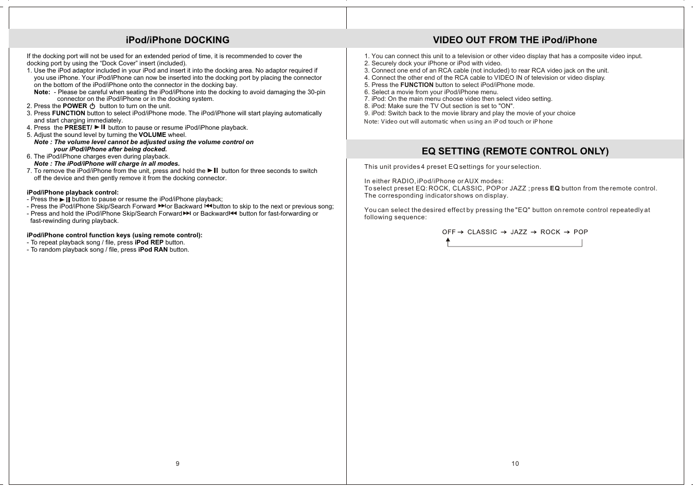 Ipod/iphone docking, Video out from the ipod/iphone, Eq setting (remote control only) | Jensen JiMS-211i User Manual | Page 6 / 9