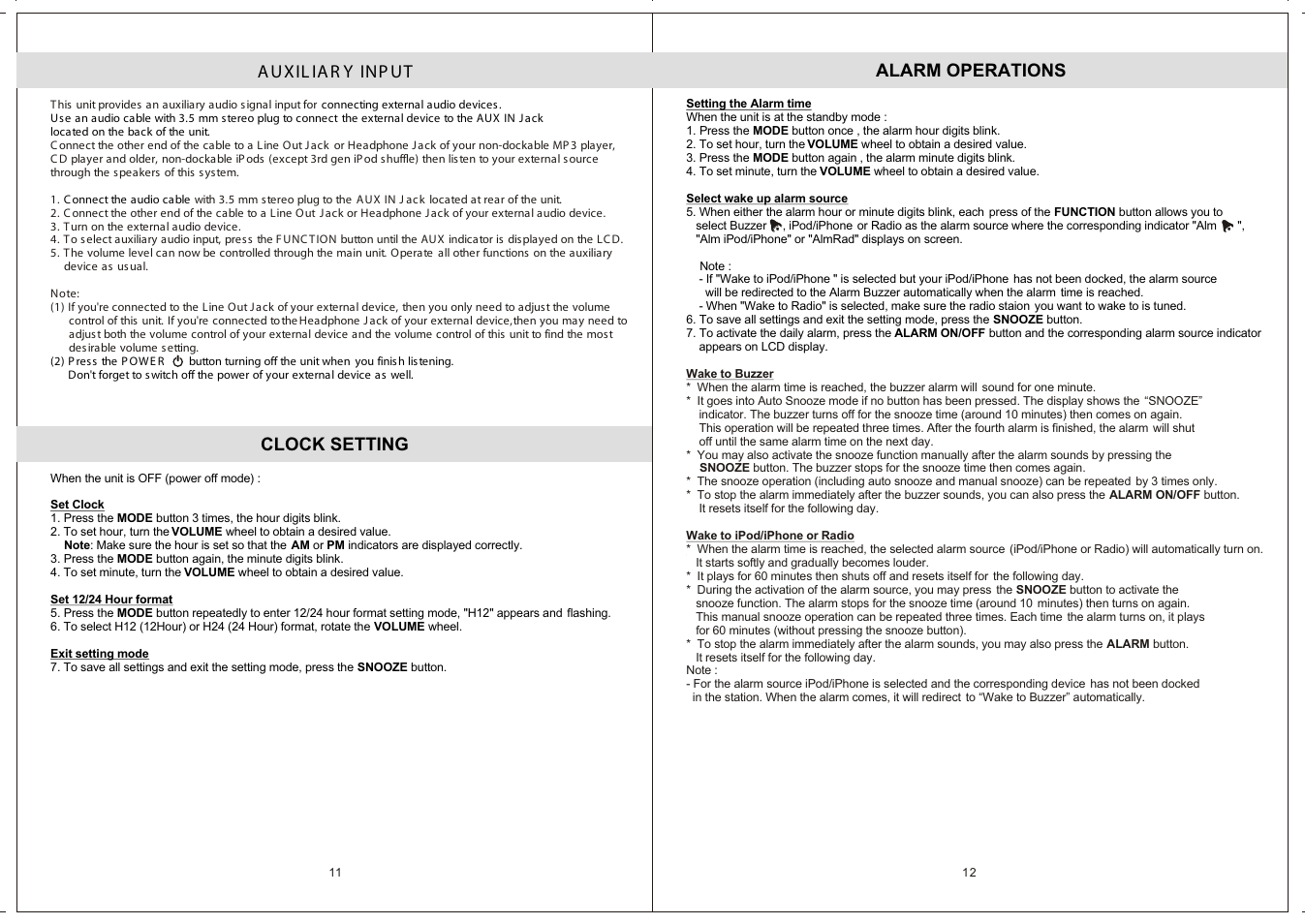 Alarm operations, A ux il ia r y inp ut, Clock setting | Jensen JiMS-211i User Manual | Page 7 / 9