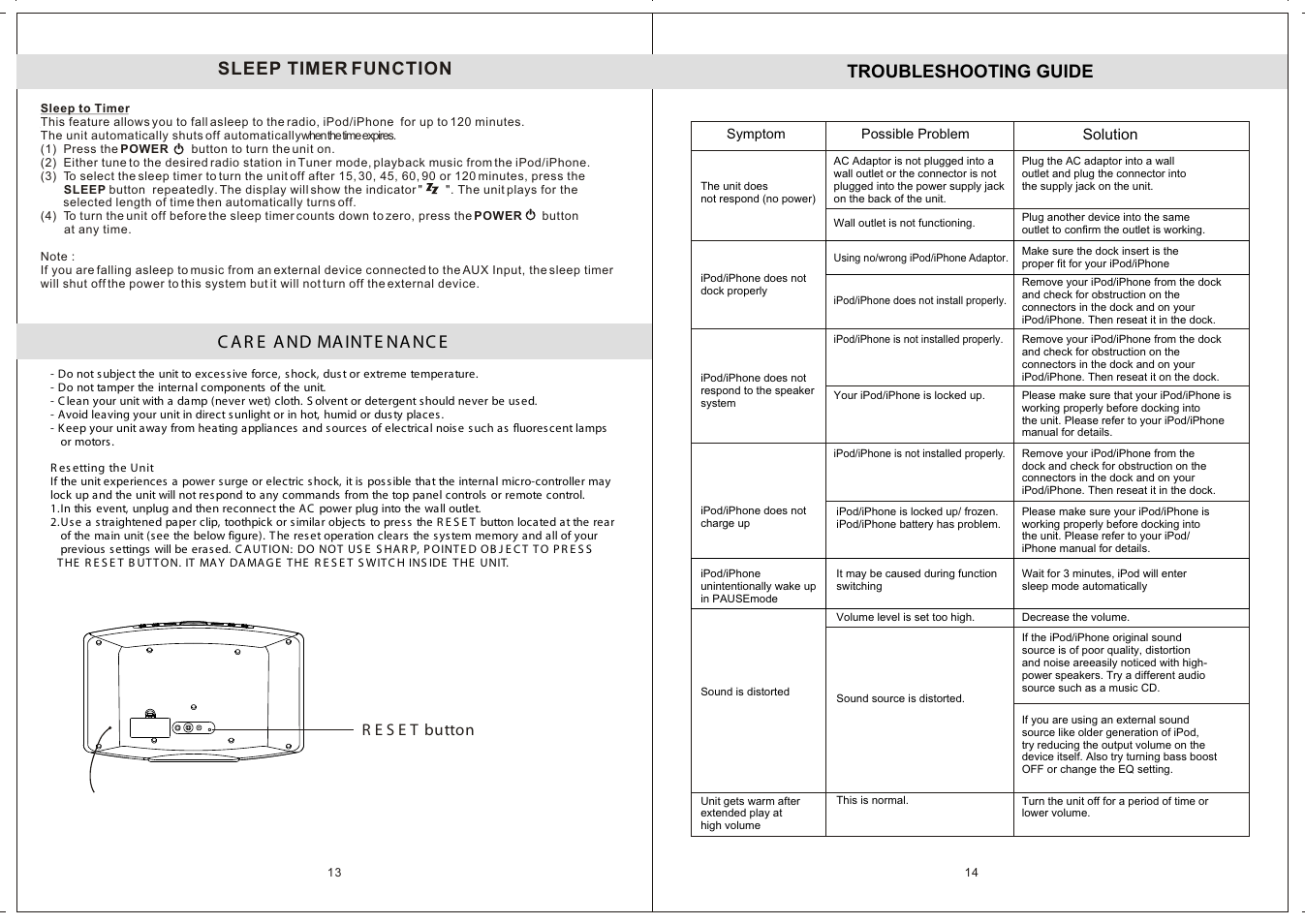 Troubleshooting guide, Sleep timer function | Jensen JiMS-211i User Manual | Page 8 / 9