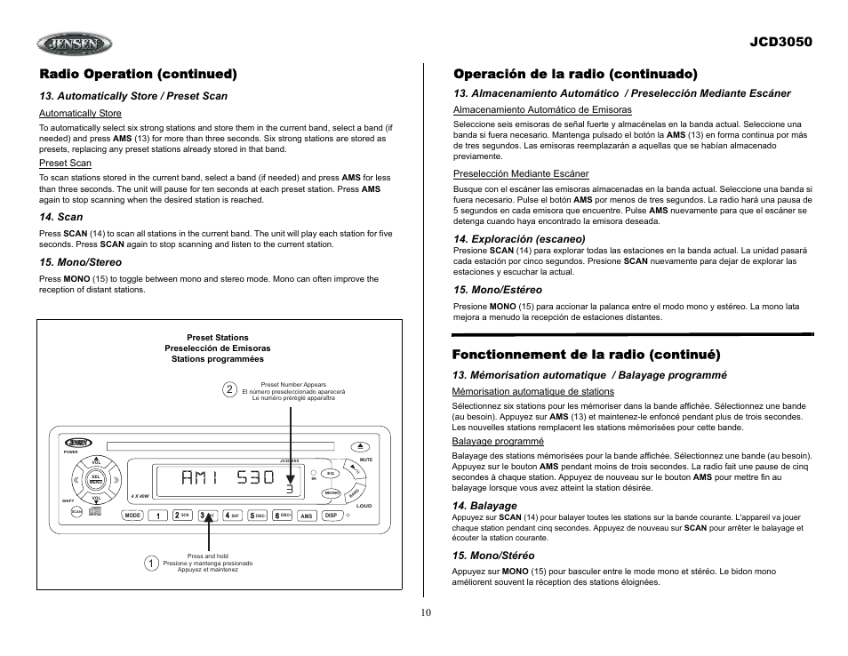 Radio operation (continued), Automatically store / preset scan, Scan | Mono/stereo, Operación de la radio (continuado), Exploración (escaneo), Mono/estéreo, Mémorisation automatique / balayage programmé, Balayage, Mono/stéréo | Jensen JCD3050 User Manual | Page 10 / 16