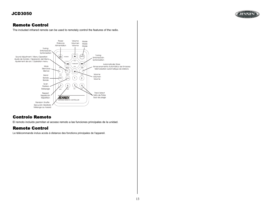 Remote control, Controlo remoto, Jcd3050 | Jensen JCD3050 User Manual | Page 13 / 16