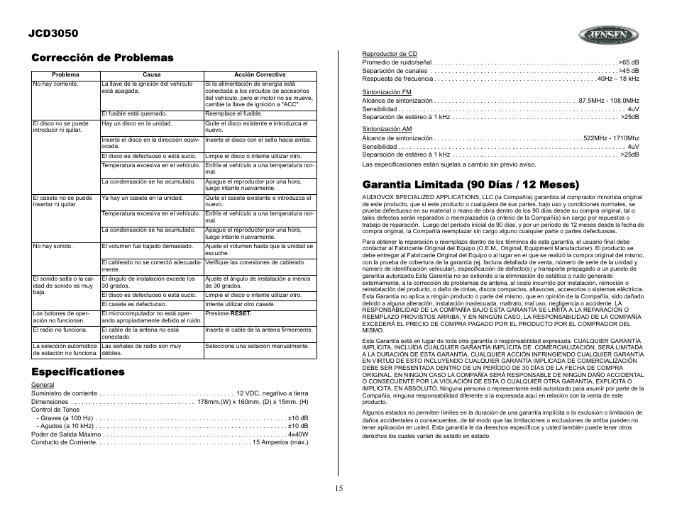 Garantia limitada (90 días / 12 meses), Jcd3050, Corrección de problemas especificationes | Jensen JCD3050 User Manual | Page 15 / 16