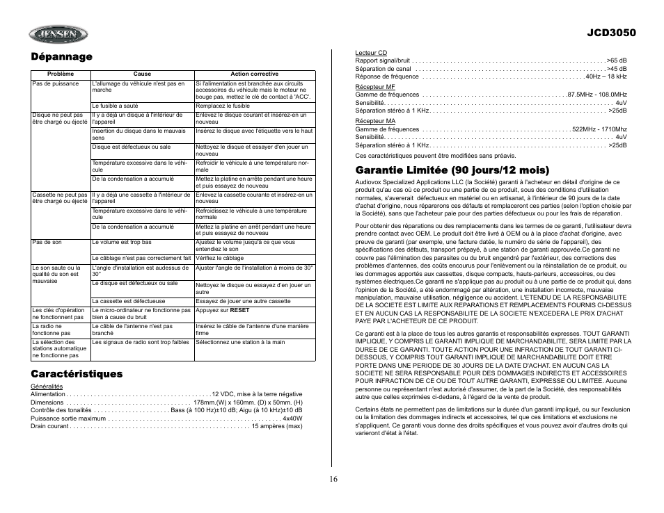 Garantie limitée (90 jours/12 mois), Jcd3050, Dépannage caractéristiques | Jensen JCD3050 User Manual | Page 16 / 16