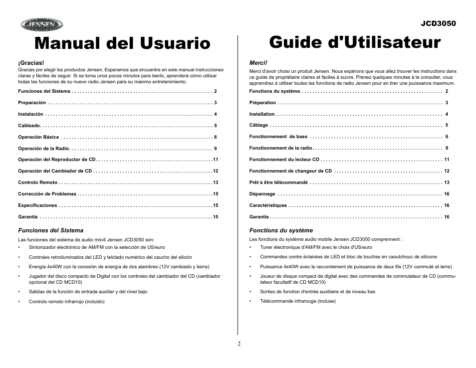 Funciones del sistema, Merci, Fonctions du système | Manual del usuario guide d'utilisateur, Jcd3050 | Jensen JCD3050 User Manual | Page 2 / 16