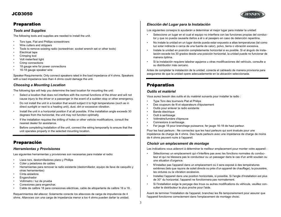 Preparation, Tools and supplies, Choosing a mounting location | Preparación, Herramientas y provisiones, Elección del lugar para la instalación, Préparation, Outils et matériel, Choisir un emplacement de montage, Jcd3050 | Jensen JCD3050 User Manual | Page 3 / 16