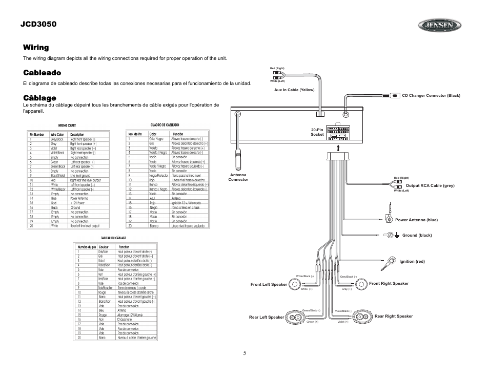 Wiring, Cableado, Câblage | Jcd3050 | Jensen JCD3050 User Manual | Page 5 / 16