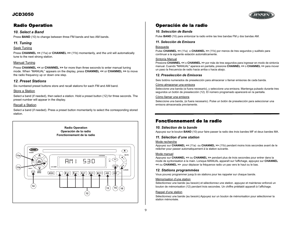 Radio operation, Select a band, Tuning | Preset stations, Operación de la radio, Selección de banda, Selección de emisora, Preselección de emisoras, Fonctionnement de la radio, Sélection de la bande | Jensen JCD3050 User Manual | Page 9 / 16