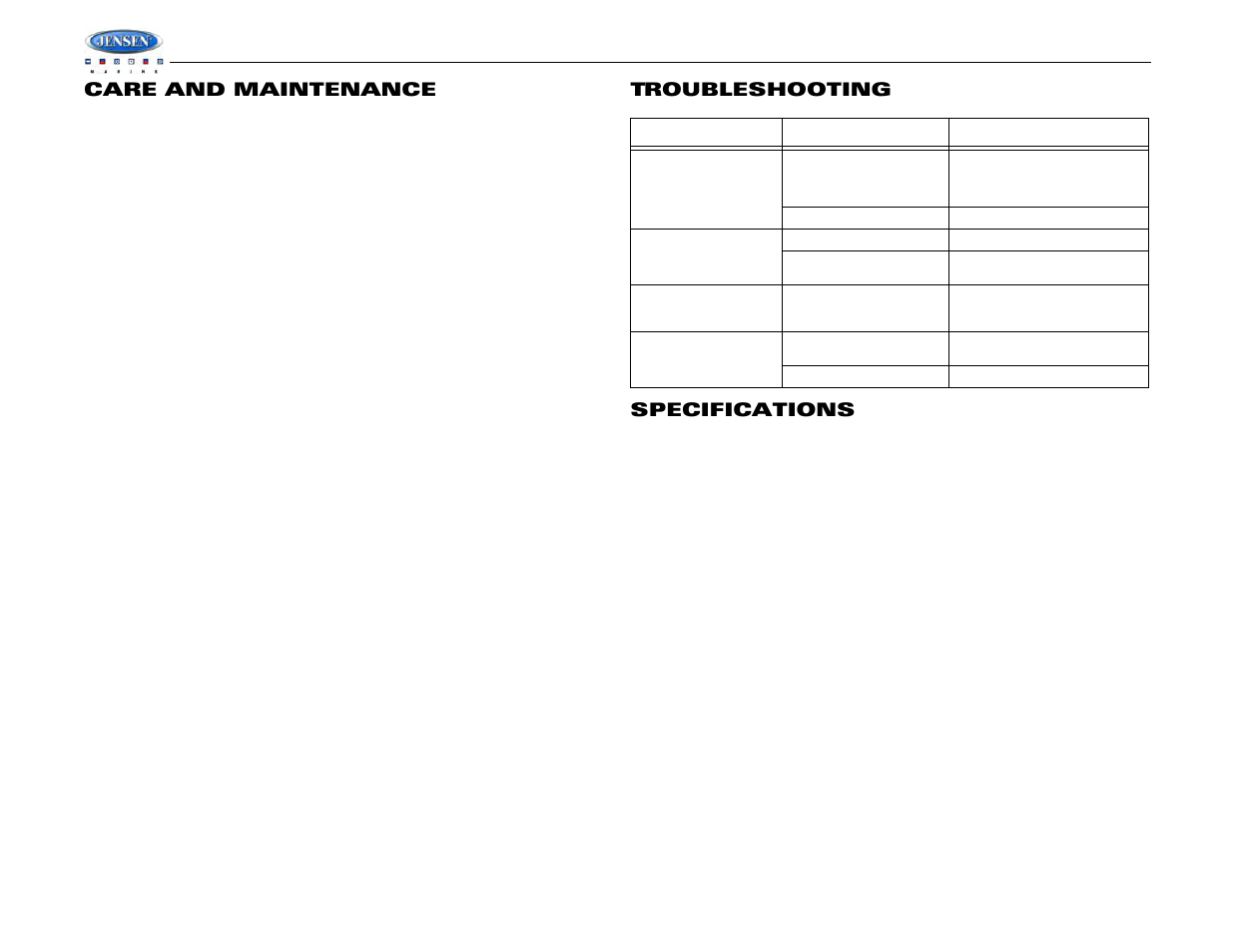 Msr2007, Care and maintenance, Troubleshooting specifications | Jensen MSR2007 User Manual | Page 12 / 34