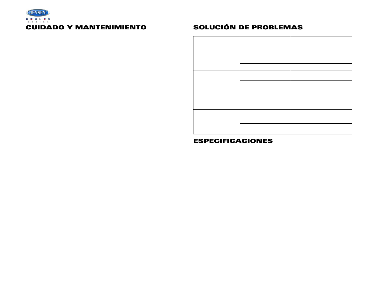 Msr2007, Cuidado y mantenimiento, Solución de problemas especificaciones | Jensen MSR2007 User Manual | Page 22 / 34