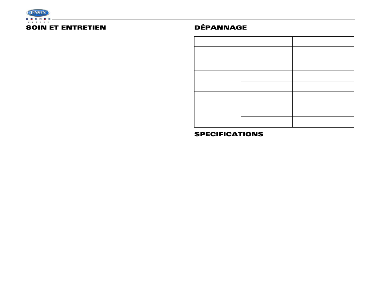 Msr2007, Soin et entretien, Dépannage specifications | Jensen MSR2007 User Manual | Page 32 / 34