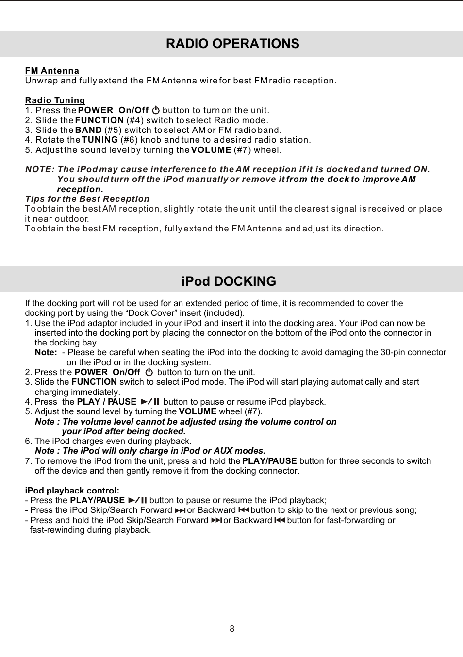 Radio operations, Ipod docking | Jensen JiMS-210 User Manual | Page 10 / 18