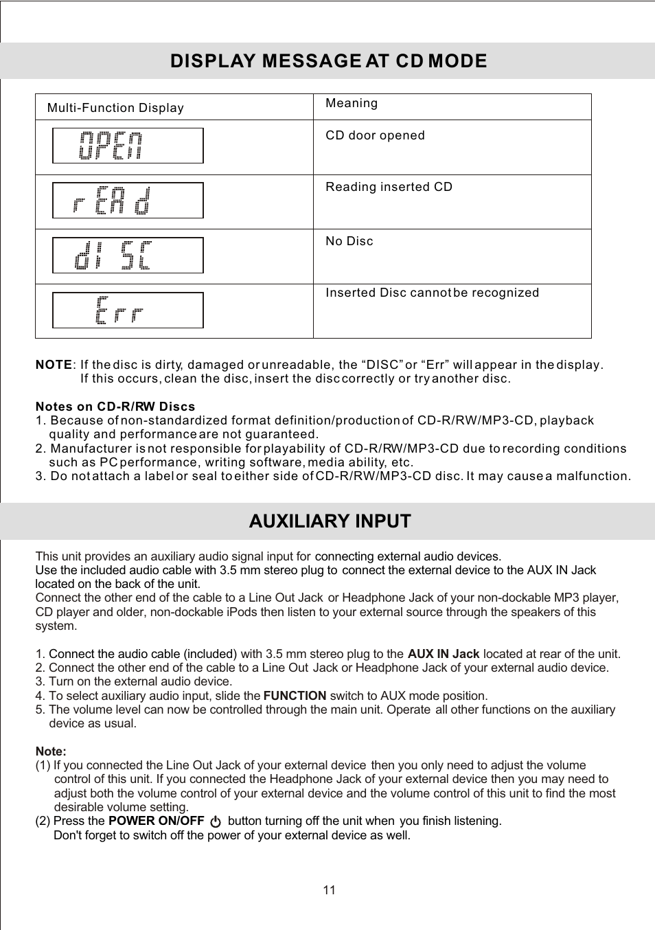 Display message at cd mode, Auxiliary input | Jensen JiMS-210 User Manual | Page 13 / 18