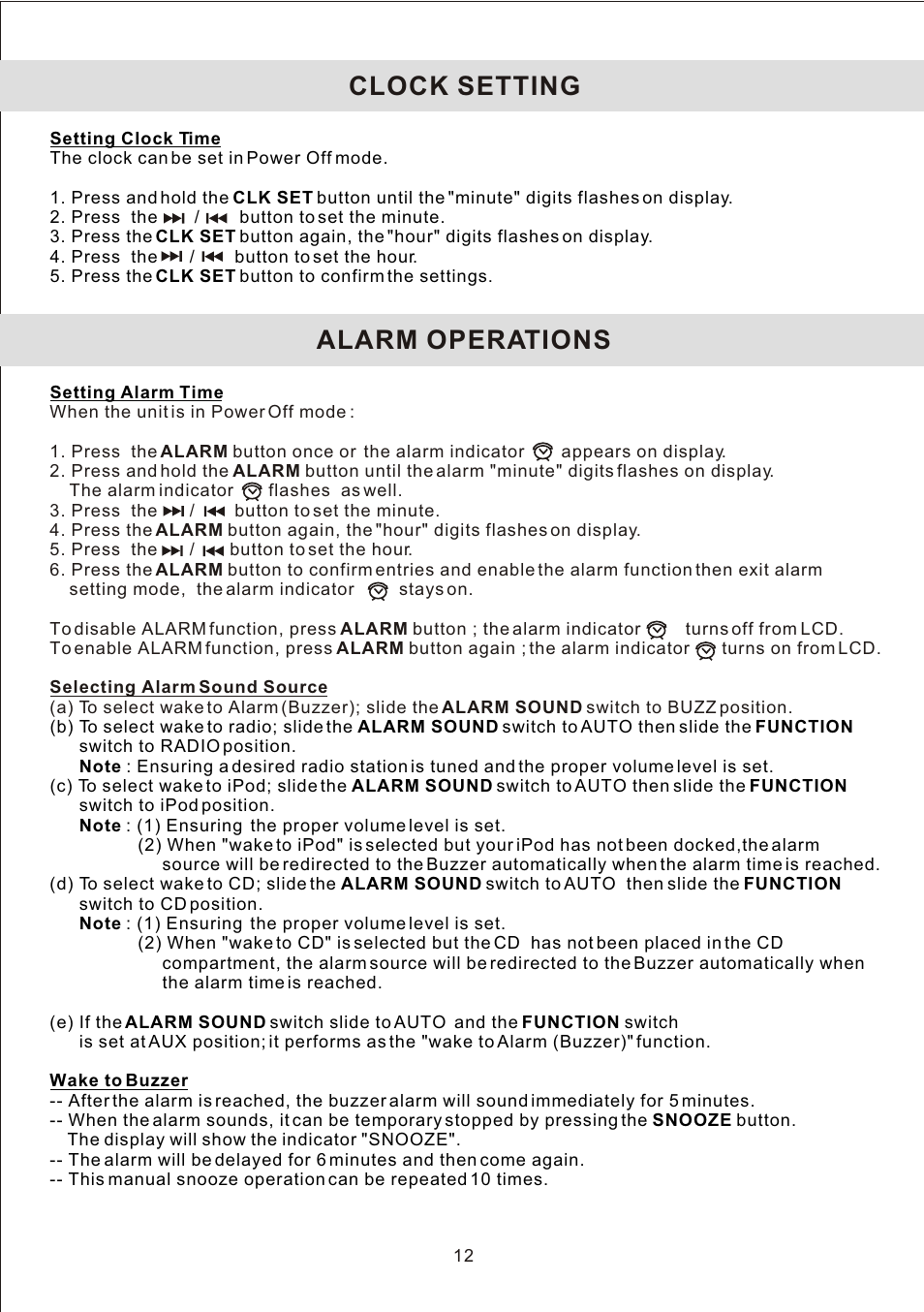 Clock setting, Alarm operations | Jensen JiMS-210 User Manual | Page 14 / 18