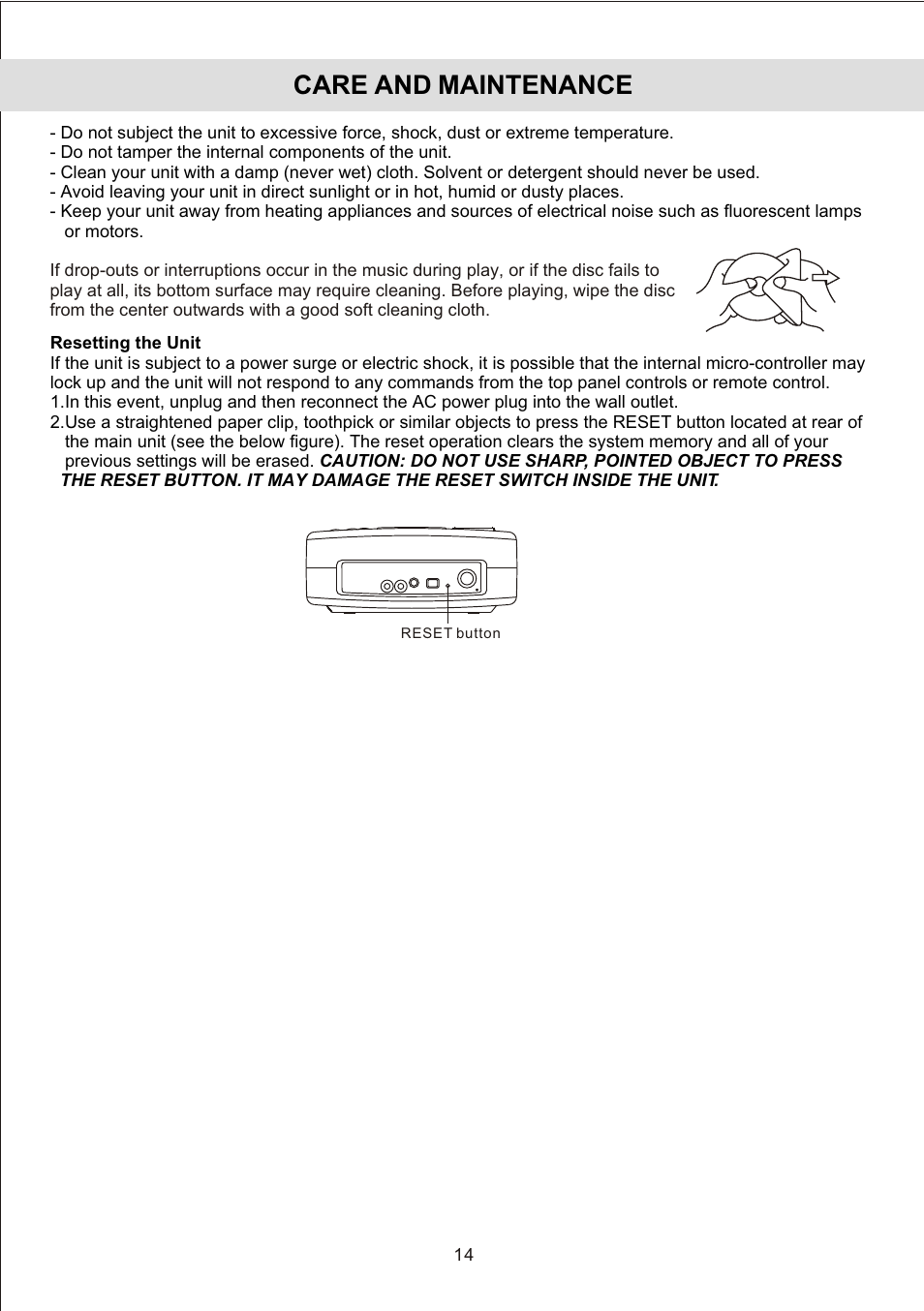 Care and maintenance | Jensen JiMS-210 User Manual | Page 16 / 18