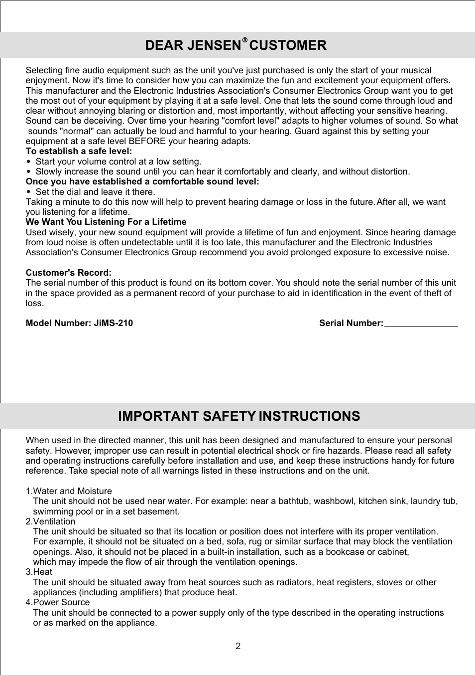 Dear jensen customer, Important safety instructions | Jensen JiMS-210 User Manual | Page 4 / 18