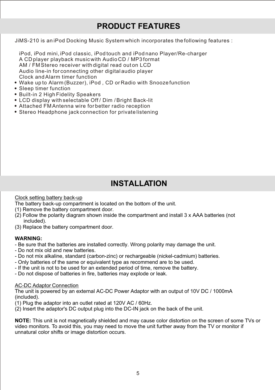Product features, Installation | Jensen JiMS-210 User Manual | Page 7 / 18