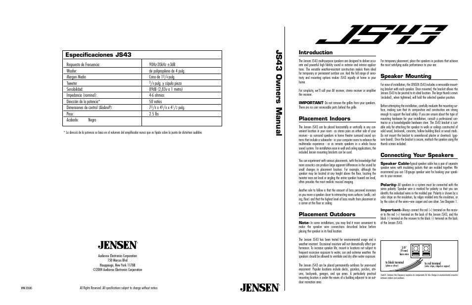 Jensen Multi-Purpose Speakers JS43 User Manual | 4 pages