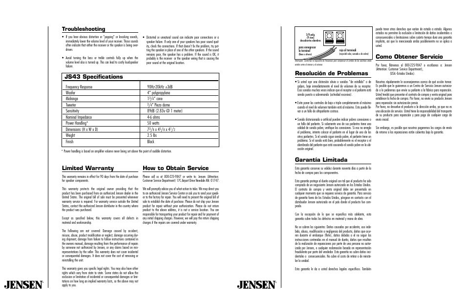 Resolución de problemas, Garantía limitada, Como obtener servicio | Limited warranty, How to obtain service, Js43 specifications, Troubleshooting | Jensen Multi-Purpose Speakers JS43 User Manual | Page 2 / 4