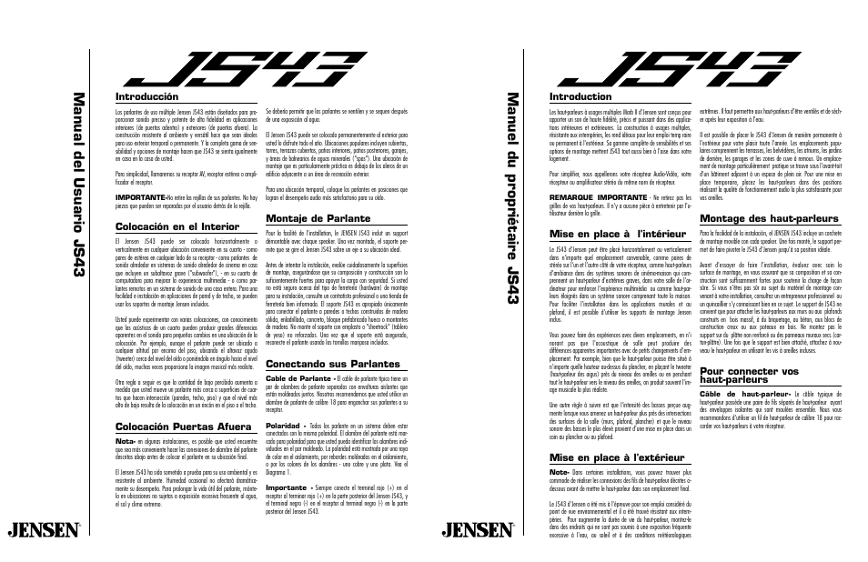 Manual del usuario js43, Manuel du pr opriétair e js43, Introducción | Colocación en el interior, Colocación puertas afuera, Montaje de parlante, Conectando sus parlantes, Introduction, Mise en place à l'intérieur, Mise en place à l'extérieur | Jensen Multi-Purpose Speakers JS43 User Manual | Page 3 / 4