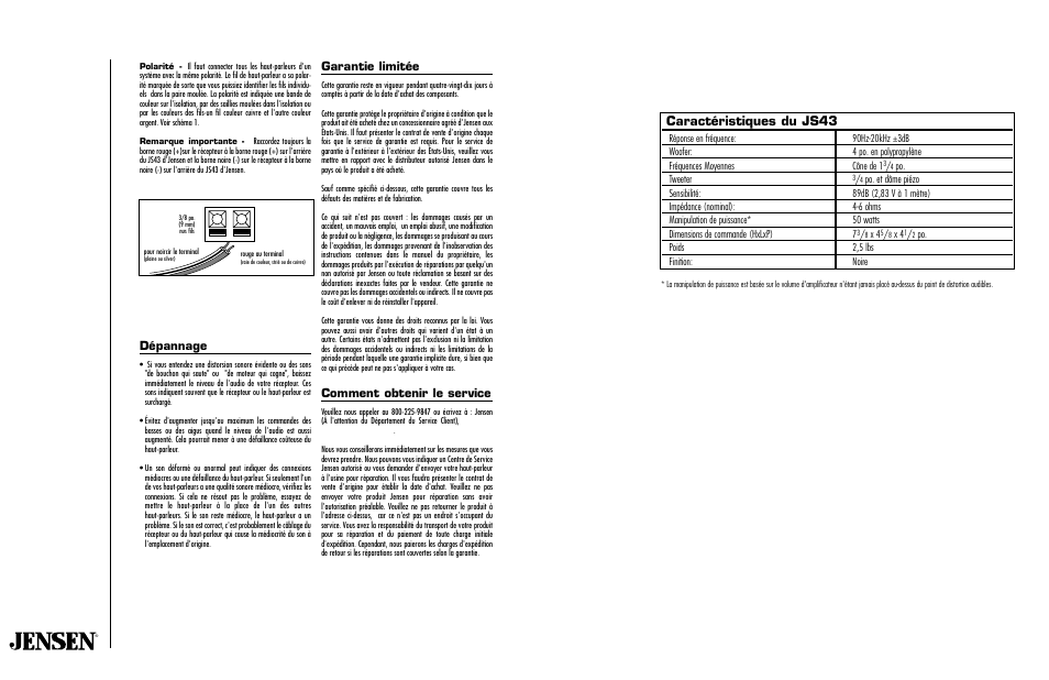 Caractéristiques du js43, Dépannage, Garantie limitée | Comment obtenir le service | Jensen Multi-Purpose Speakers JS43 User Manual | Page 4 / 4