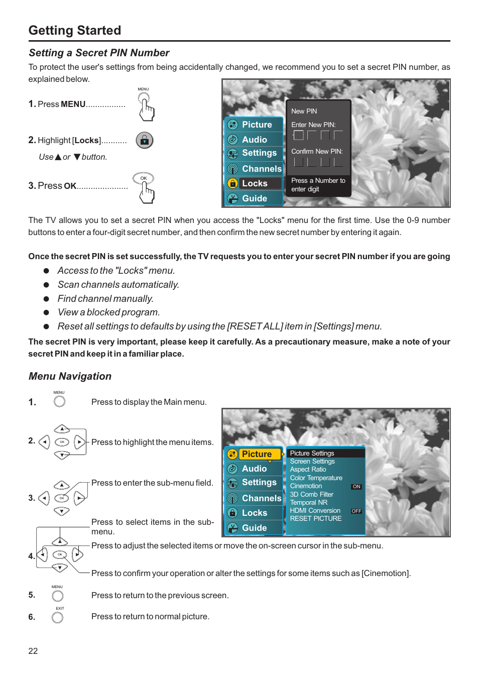 Getting started, Setting a secret pin number, Menu navigation | Press | Jensen JE3207 User Manual | Page 23 / 42