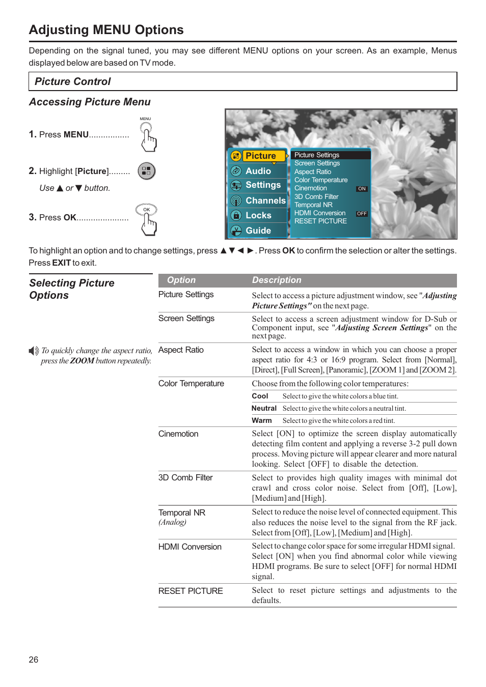 Adjusting menu options, Picture control, Accessing picture menu | Selecting picture options | Jensen JE3207 User Manual | Page 27 / 42