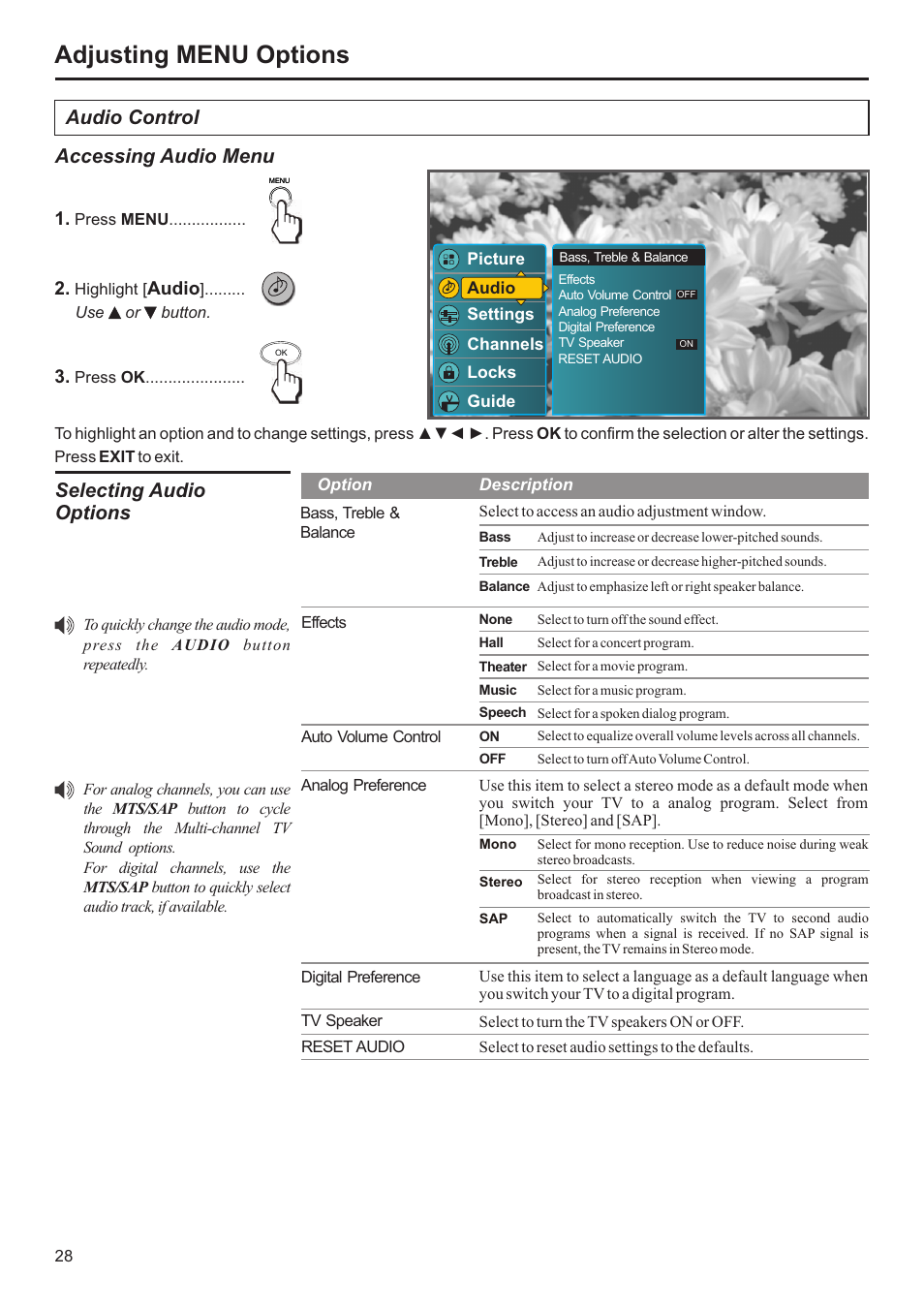Adjusting menu options, Audio control accessing audio menu, Selecting audio options | Audio | Jensen JE3207 User Manual | Page 29 / 42