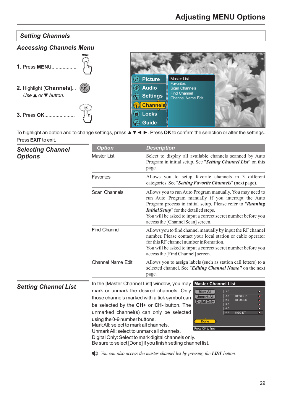 Adjusting menu options, Setting channels accessing channels menu, Selecting channel options | Setting channel list, Channels | Jensen JE3207 User Manual | Page 30 / 42