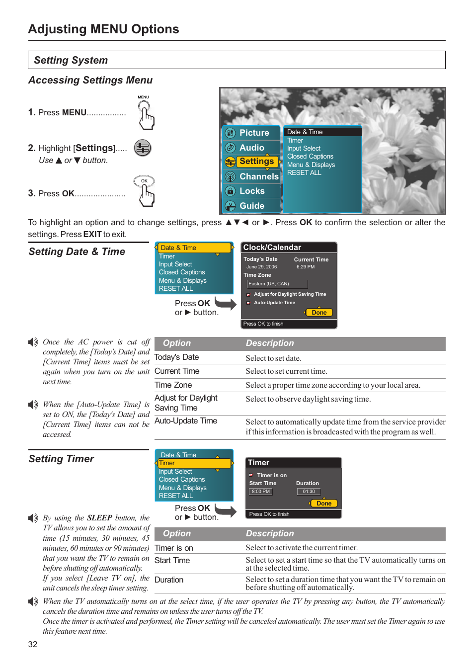 Adjusting menu options, Setting system accessing settings menu, Setting date & time | Setting timer, Settings | Jensen JE3207 User Manual | Page 33 / 42