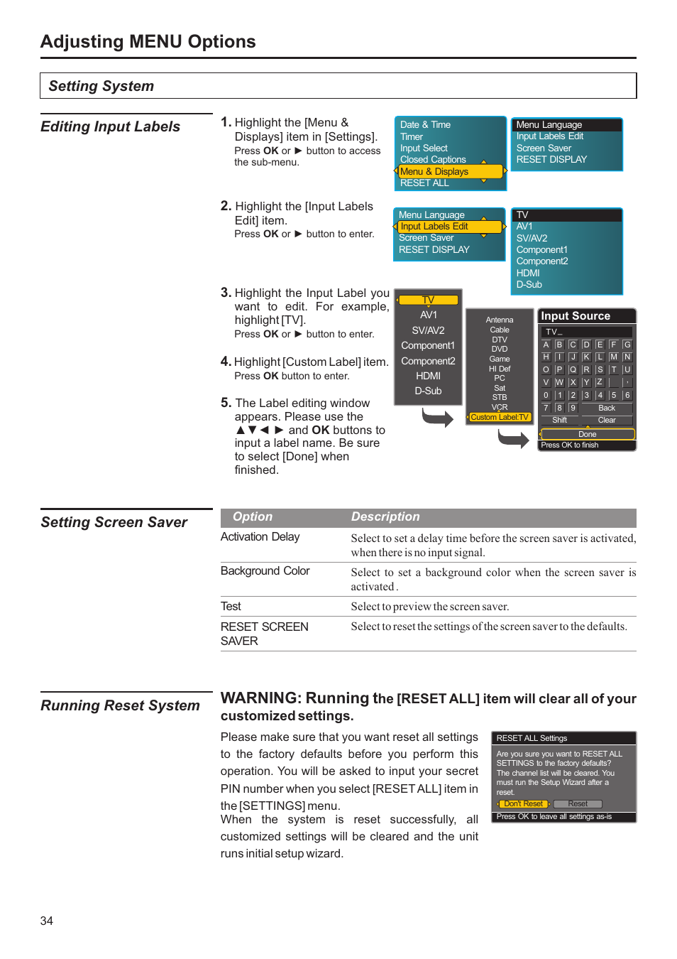 Adjusting menu options, Warning: running t, Editing input labels setting screen saver | Setting system running reset system | Jensen JE3207 User Manual | Page 35 / 42