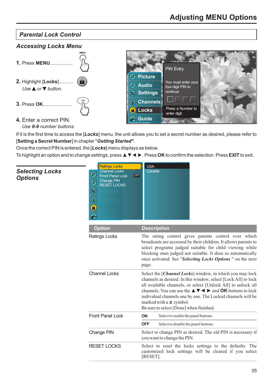 Adjusting menu options, Parental lock control, Accessing locks menu | Selecting locks options | Jensen JE3207 User Manual | Page 36 / 42