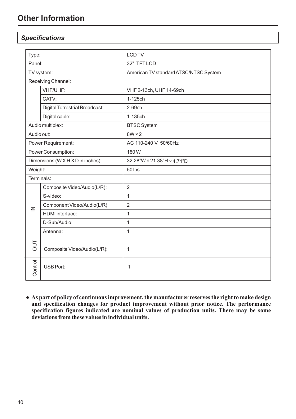 Other information, Specifications | Jensen JE3207 User Manual | Page 41 / 42