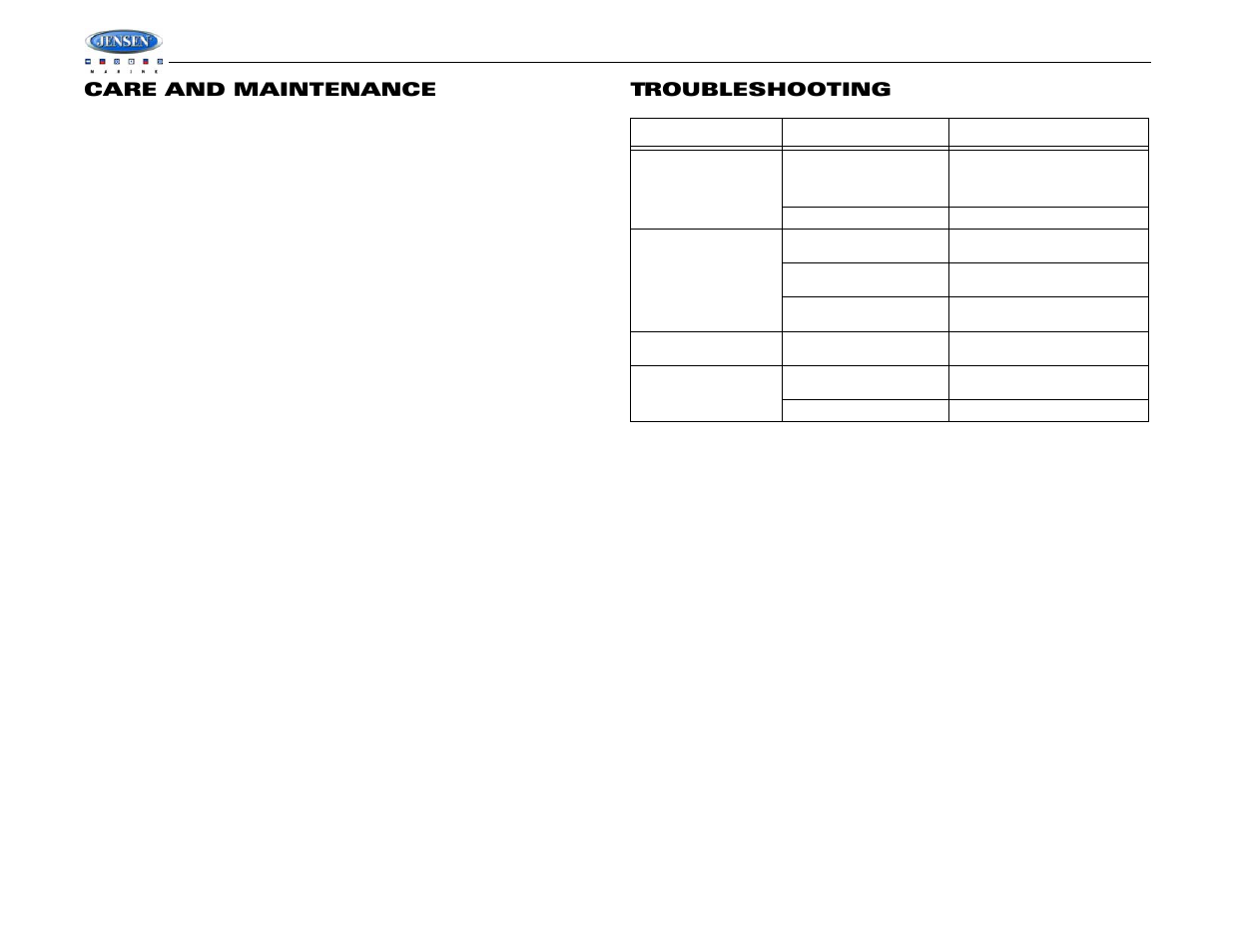 Wms190, Care and maintenance, Troubleshooting | Jensen WMS190 User Manual | Page 10 / 32