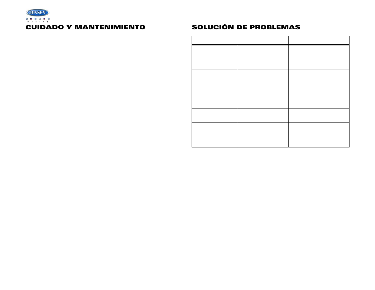 Wms190, Cuidado y mantenimiento, Solución de problemas | Jensen WMS190 User Manual | Page 20 / 32