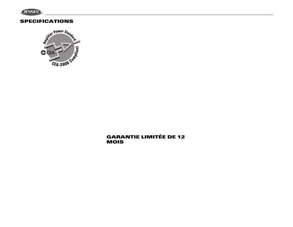 Vm9510ts, Specifications, Garantie limitée de 12 mois | Jensen VM9510TS User Manual | Page 82 / 82