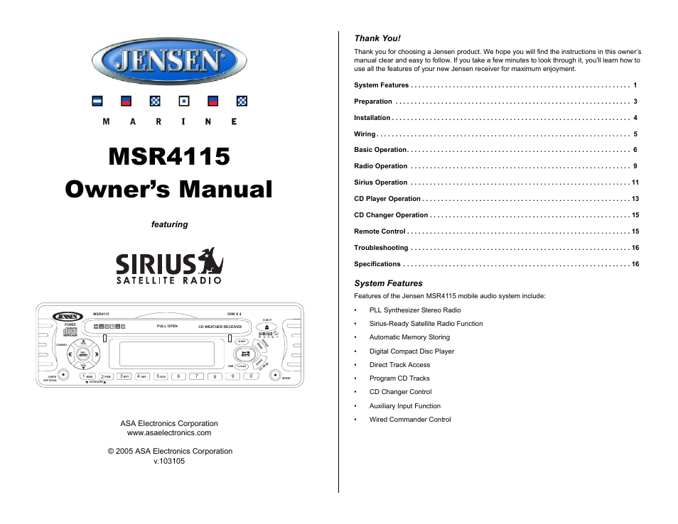 Jensen SIRIUS MSR4115 User Manual | 18 pages