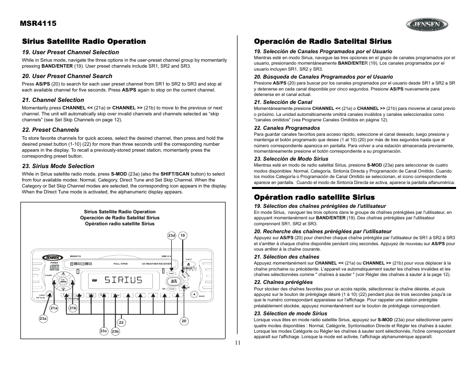 Sirius satellite radio operation, User preset channel selection, User preset channel search | Channel selection, Preset channels, Sirius mode selection, Operación de radio satelital sirius, Selección de canales programados por el usuario, Búsqueda de canales programados por el usuario, Selección de canal | Jensen SIRIUS MSR4115 User Manual | Page 11 / 18