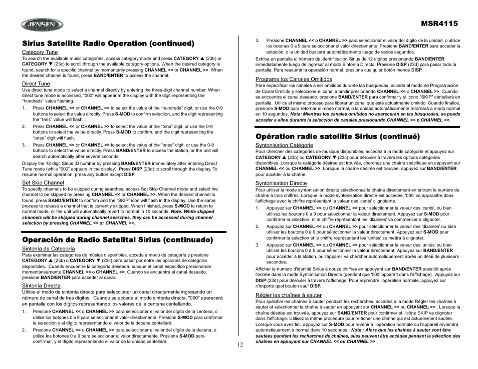 Sirius satellite radio operation (continued), Operación de radio satelital sirius (continuado), Opération radio satellite sirius (continué) | Msr4115 | Jensen SIRIUS MSR4115 User Manual | Page 12 / 18