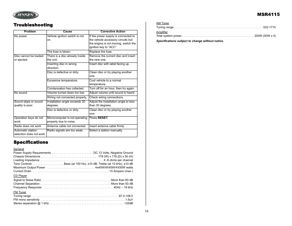 Troubleshooting, Msr4115, Troubleshooting specifications | Jensen SIRIUS MSR4115 User Manual | Page 16 / 18