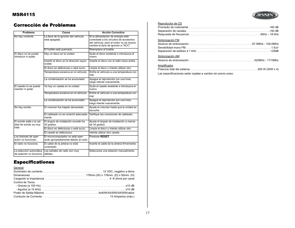 Msr4115, Corrección de problemas especificationes | Jensen SIRIUS MSR4115 User Manual | Page 17 / 18
