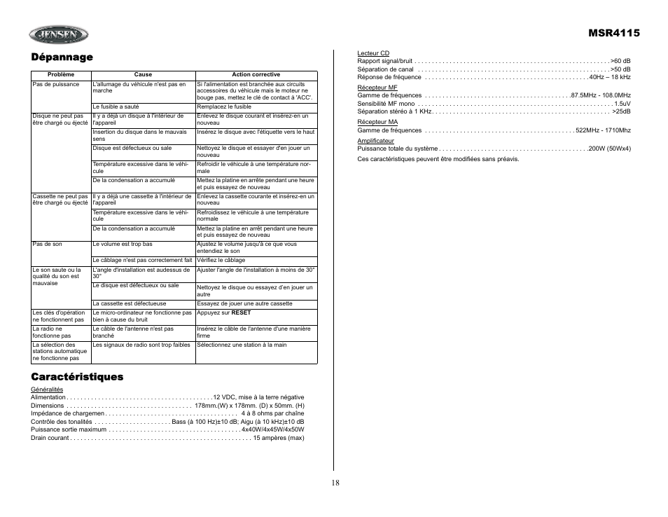 Msr4115, Dépannage caractéristiques | Jensen SIRIUS MSR4115 User Manual | Page 18 / 18