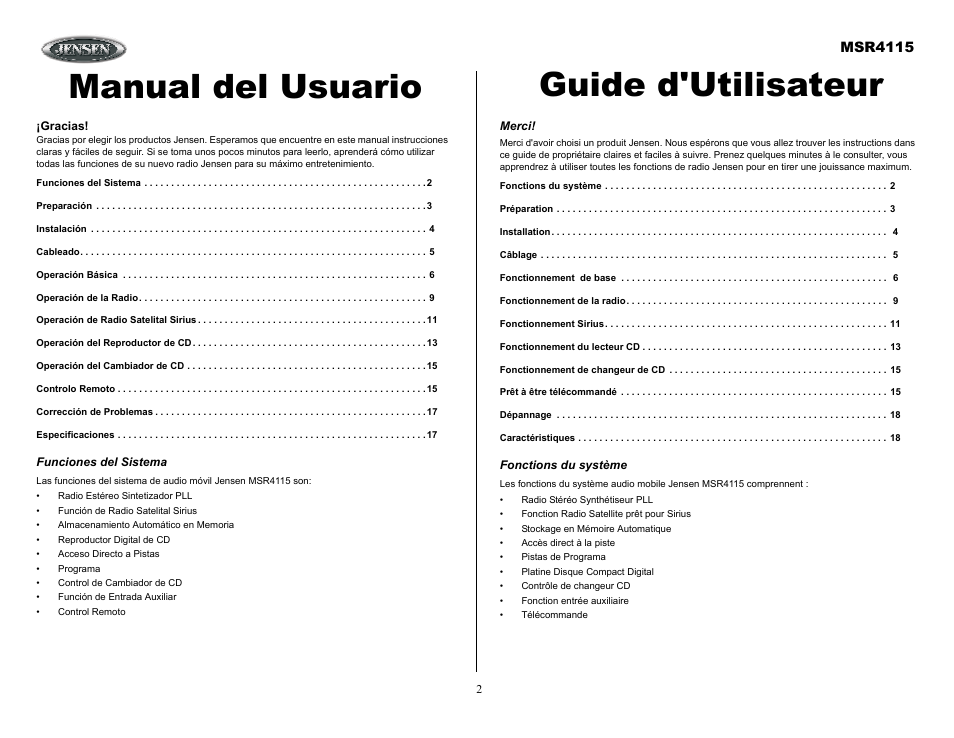 Funciones del sistema, Merci, Fonctions du système | Manual del usuario guide d'utilisateur, Msr4115 | Jensen SIRIUS MSR4115 User Manual | Page 2 / 18